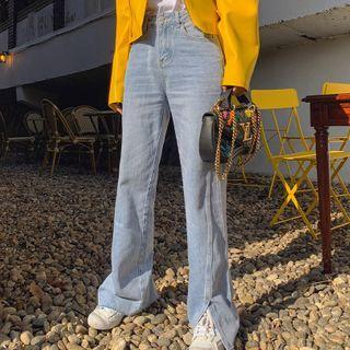 Washed Slit-hem Wide-leg Jeans