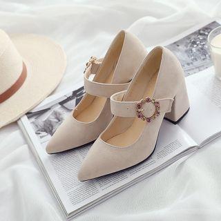 Faux Suede Rhinestone Buckle Strap Block Heel Pumps