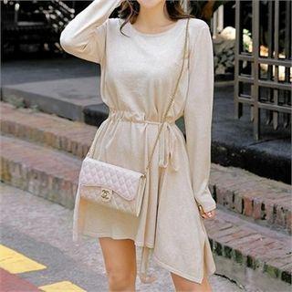Long-sleeve Asymmetric-hem Tie-waist Mini Dress