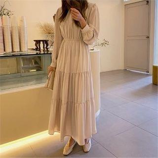 Balloon-sleeve Shirred Maxi Tiered Dress
