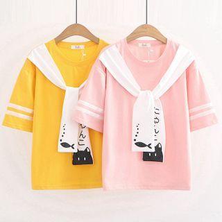 Tie-neck Short-sleeve Cartoon Print T-shirt