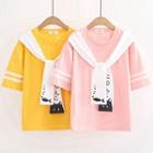 Tie-neck Short-sleeve Cartoon Print T-shirt