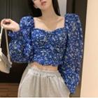Square-neck Floral Print Cropped Blouse White Floral Print - Blue - One Size