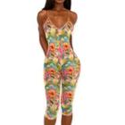 Spaghetti Strap Floral Print Fitted Capri Jumpsuit