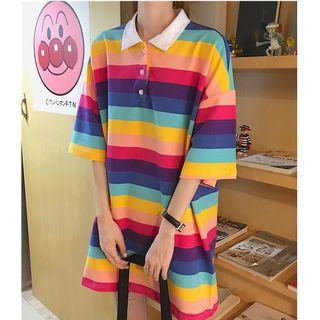 3/4-sleeve Striped Mini Polo Dress