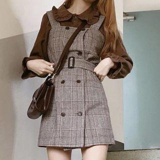Plaid Overall A-line Dress / Ruffle Trim Blouse