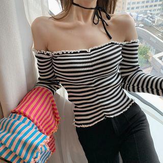Off-shoulder Striped Color Panel Top