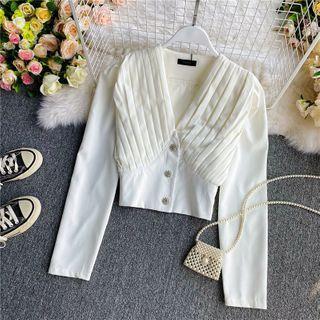 Pleated V-neck Long-sleeve Cropped Blouse