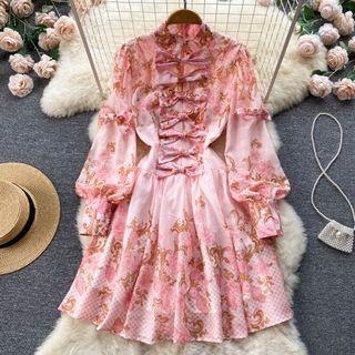 Long-sleeve Floral Bow Accent A-line Dress