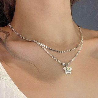 Star Pendant Layered Choker Necklace Silver - One Size