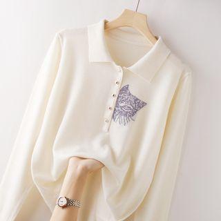 Polo-neck Embroidered Knit Top