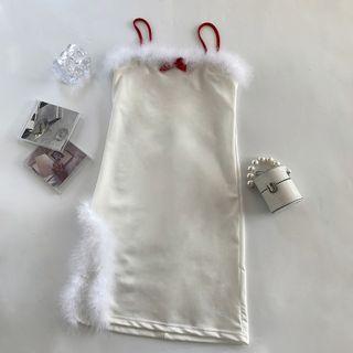 Spaghetti-strap Fluffy Trim Mini Bodycon Dress