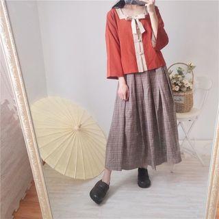 3/4-sleeve Chinese Style Top / A-line Midi Skirt / Set