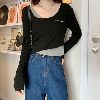 Long-sleeve Mock Two-piece Two-tone Cropped T-shirt