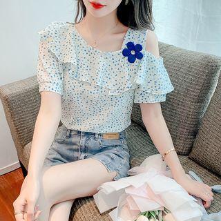 Short-sleeve Cold-shoulder Heart Print Blouse