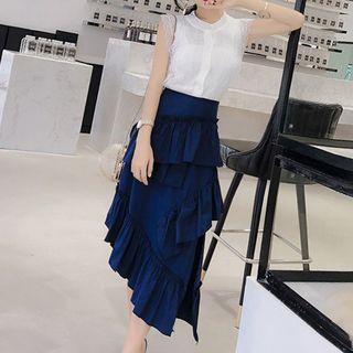 Set: Lace Panel Knit Vest + Asymmetrical A-line Ruffle Skirt