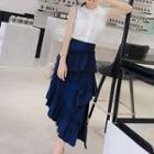 Set: Lace Panel Knit Vest + Asymmetrical A-line Ruffle Skirt
