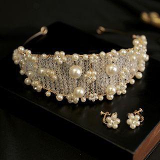 Set : Wedding Faux Pearl Headband + Earring Headband & 1 Pair Earring - Gold - One Size