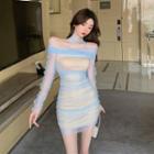 Off-shoulder Shirred Mesh Sheath Dress