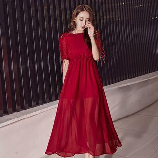 Frill Trim Lace Up Shoulder Short Sleeve Midi Chiffon Dress