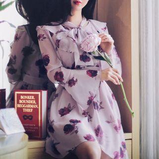 Bell-sleeve Tie-neck Floral Print A-line Dress
