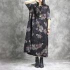 Long-sleeve Floral Print Midi Dress Black - One Size
