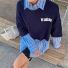Striped Long-sleeve Loose-fit Shirt / Lettering Short-sleeve Pullover