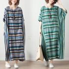 Striped Elbow-sleeve Loose-fit Maxi Dress
