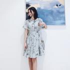 Short-sleeve Floral Print Pleated A-line Dress