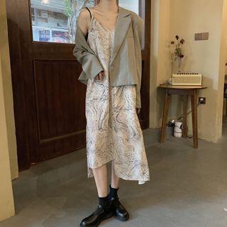 Plain Blazer / Print Spaghetti-strap Asymmetric Dress