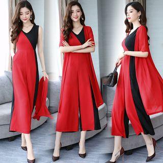 Set: Color Block Sleeveless Wide-leg Jumpsuit + Open Front Long Jacket