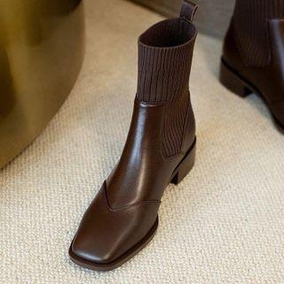 Square-toe Chunky-heel Knit Panel Short Boots