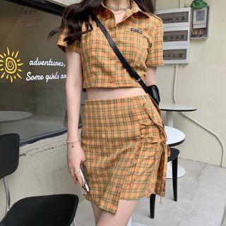 Set: Plaid Short-sleeve Cropped Shirt + Mini Skirt