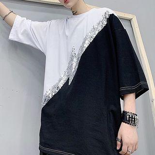 Elbow-sleeve Color Block Sequined T-shirt