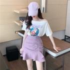 Short-sleeve Printed T-shirt / High-waist Slim Fit Ruffle Trim Mermaid Skirt