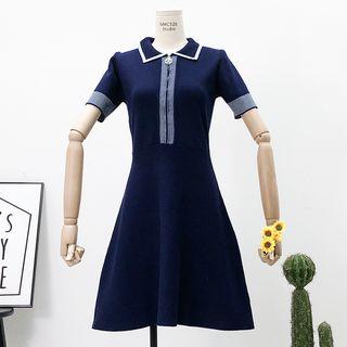 Colorblock Light Knit Polo Dress Dark Blue - One Size