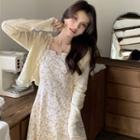 Spaghetti Strap Floral Print Midi A-line Dress / Lace Trim Light Cardigan