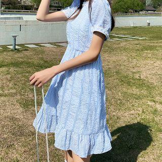Lace-trim Faux-pearl Detail Pinstripe Dress