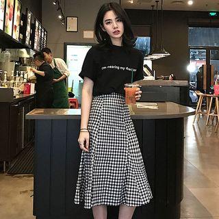 Set: Short-sleeve Lettering T-shirt + Midi A-line Plaid Skirt