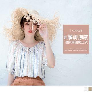 Tie-neck Patterned Short-sleeve Top