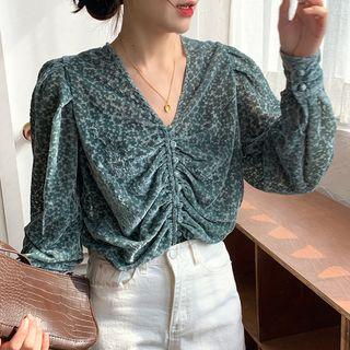 Floral Print Ruched Velvet Blouse