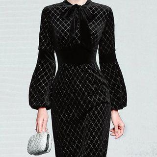 Puff-sleeve Argyle Print Velvet Sheath Dress