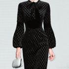 Puff-sleeve Argyle Print Velvet Sheath Dress