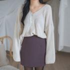 Button-front Slit-cuff Sweater Light Beige - One Size