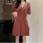 Long-sleeve Mock-neck Lace Top / Short-sleeve Mini A-line Velvet Dress