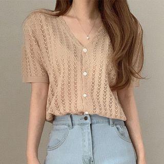 Short-sleeve V-neck Perforated Cardigan
