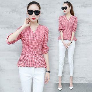 Elbow-sleeve Gingham Check Peplum Blouse