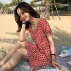 Short-sleeve Patterned Dress Red - One Size