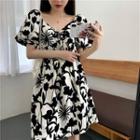 Floral Print Short-sleeve Mini A-line Dress Black Flower - White - One Size