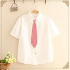 Short-sleeve Embroidered Tie-neck Shirt